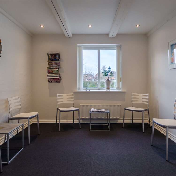 Fredfyldt venteværelse hos Fysioterapi & Akupunktur v/ Jakob Andreasen med beliggende i Odense nær Langeskov & Ringe.